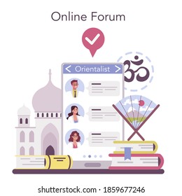 Orientalist online service or platform. Middle Eastern, African and Asian society and culture studying. Online forum. Isolated vector illustration