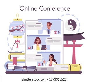 Servicio o plataforma online orientalista. Estudio de la cultura y la sociedad de Oriente Medio, África y Asia. Conferencia en línea. Ilustración vectorial aislada