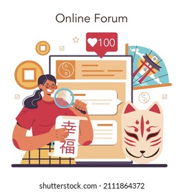 Orientalischer Online-Service oder Plattform. Wissenschaftler erforschen in der Nähe und im fernen Osten alte und moderne Gesellschaft und Kultur. Online-Forum. Vektorgrafik