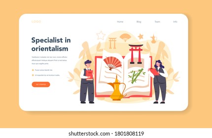 Orientalist web banner or landing page. Professonal scientist studying Near Eastern and Far Eastern society and culture. Middle Eastern studies and Asian studies. Isolated vector illustration