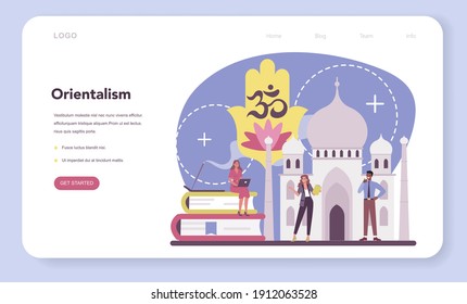 Orientalist web banner or landing page. Professonal scientist studying near and far Eastern society and culture. Middle Eastern, African and Asian studies. Isolated vector illustration