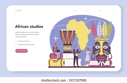 Orientalist web banner or landing page. Professonal scientist studying African society and culture. African national mask and drum. Isolated vector illustration