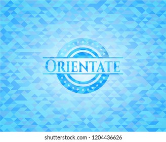 Orientate light blue emblem with triangle mosaic background