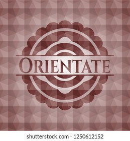 Orientate red seamless emblem or badge with geometric pattern background.