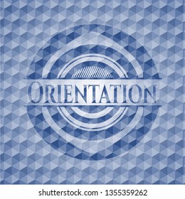 Orientation blue emblem with geometric background.