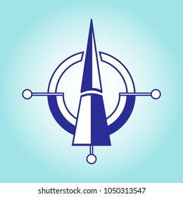 Orientation on the sides of the world from north to south. Modern concept for compass, map and any travel. Blue and white. Vector illustration on a light blue background in flat style.