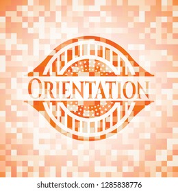 Orientation orange tile background illustration. Square geometric mosaic seamless pattern with emblem inside.