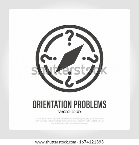 Orientation problem, compass with question marks. Thin line icon. Symptom of Alzheimer's disease. Vector illustration.