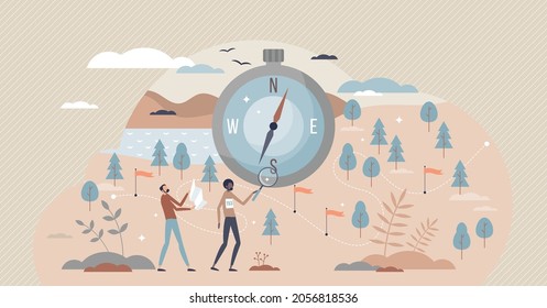 Orienteering sport with control point searching from map tiny person concept. Adventure race using compass and topographical guidance vector illustration. Outdoor magnet activity in hobby competition.