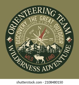 Orienteering team outdoor discovery wilderness adventure vintage vector print for boy t shirt 