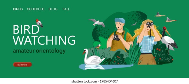 Orientology Landing page template. Man takes photos of animals in the wild nature. Girl looks through binoculars and watches the birds. Birdwatching, eco-friendly hobby. Cartoon vector illustration