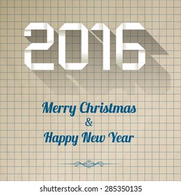 Origami 2016 on checkered crumpled paper brown background