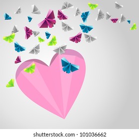 Origami  abstract background. Paper butterflies and heart.