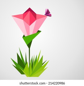 Origami  abstract background. Paper butterflies and flower.