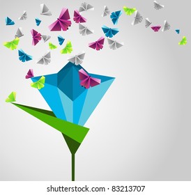 Origami  abstract background. Paper butterflies and flower.