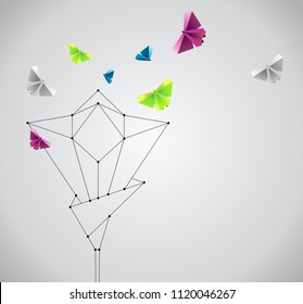 Origami abstract background. Paper butterfly and flower.