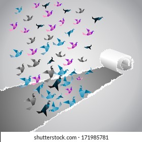 Origami abstract background. Paper is transformed to birds.
