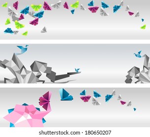 Origami  abstract banners. Paper butterflies and birds.