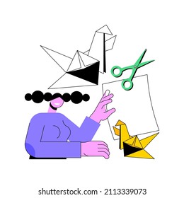 Ilustración vectorial de concepto abstracto de origami. Arte de plegado de papel, práctica mental, desarrollo de destrezas motrices finas, pasatiempo útil en aislamiento social, cómo video tutorial metáfora abstracta.