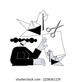 Ilustración vectorial de concepto abstracto de origami. Arte de plegado de papel, práctica mental, desarrollo de destrezas motrices finas, pasatiempo útil en aislamiento social, cómo video tutorial metáfora abstracta.