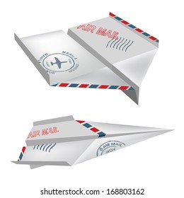 Origami air mail airplanes. Origami airplanes with post stamps on white background. Vector  illustration. 