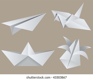 Origami: aircraft, crane, boat, tulip. Isolated.