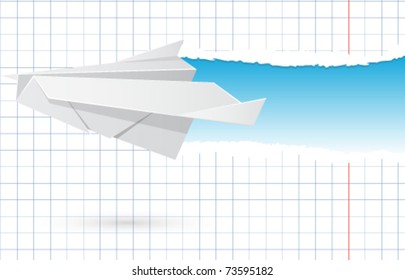 Avión de origami contra papel roto