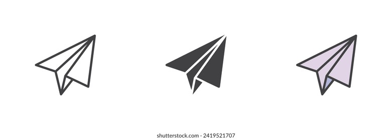 Conjunto de iconos de estilos diferentes del avión original. Línea, glifo y contorno relleno versión colorida, contorno y signo vectorial relleno. Enviar símbolo de mensaje, ilustración de logotipo. Gráficos vectoriales