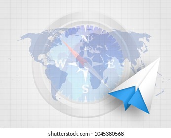 Origami airplane on background of compass and world map represent concept of travelling. Business concept. Vector illustration.
