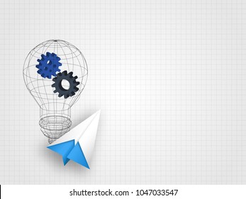 Origami airplane with wireframe lightbulb containing gears on grid background represent innovation and technology concept. Technology background. Vector illustration.
