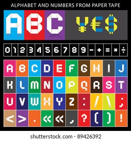 Origami alphabet, folded paper tape, font ribbon. Roman alphabet (A, B, C, D, E, F, G, H, I, J, K, L, M, N, O, P, Q, R, S, T, U, V, W, X, Y, Z). Arabic numerals (0, 1, 2, 3, 4, 5, 6, 7, 8, 9).