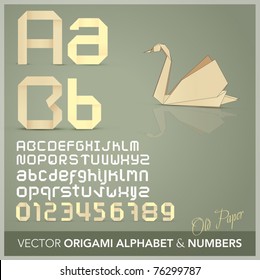 Origami alphabet letters and numbers  with origami object Old paper