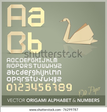 Origami alphabet letters and numbers  with origami object Old paper