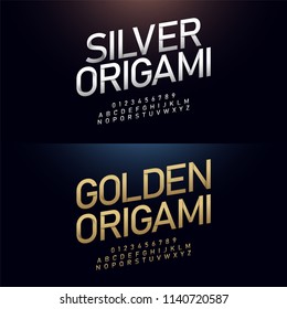 Origami alphabet and number golden font paper cut concept. Japanese Letters Typography Number gold and silver italic fonts. vector illustrator