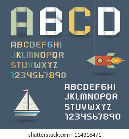 Origami Alphabet with Numbers in retro style. Vector font