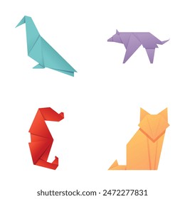 Origami animal icons set cartoon vector. Japanese origami folded paper figure. Pastime, hobby