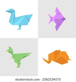 Origami animal icons set cartoon vector Japanese origami folded paper figure