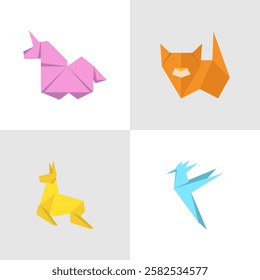 Origami animal icons set cartoon vector Japanese origami folded paper figure