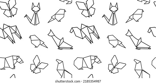 Origami animal pattern. Doodle print with black line Japan paper toy. Hand drawn art texture. Airplane and bird. Butterfly or fox figures. Japanese hobby. Vector seamless background