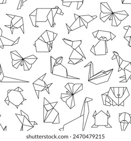 Origami animal seamless pattern. Polygonal dog, butterfly and bear, monochromatic line elements. Fabric print design with animals, decent vector background