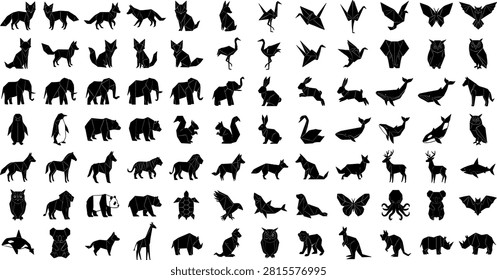 Origami animal silhouettes bundle featuring geometric polygon paper craft birds wild animals marine life and insects black vector icons set