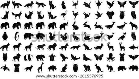 Origami animal silhouettes bundle featuring geometric polygon paper craft birds wild animals marine life and insects black vector icons set