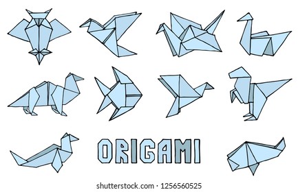 Origami animals collection. Hand drawn origami doodle set. Can be use like a logo, icon or sticker. Minimalistic vector illustration