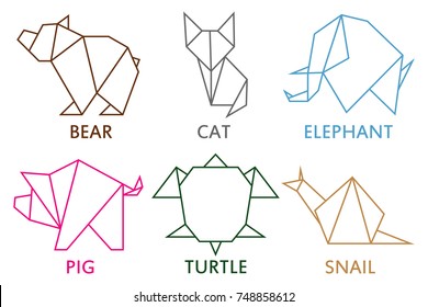 Origami animals collection. Set of line geometric shape for art of folded paper. Template for logo with - bear, cat, elephant, pig, snail and turtle. Vector illustration.