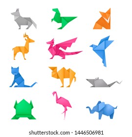 Origami animals different paper toys set of frog, bird, camel, mouse, cat, deer, fox, dragon, elephant, dinosaur, flamingo, wolf cartoon geometric game toys japanese origami wildlife symbol vector