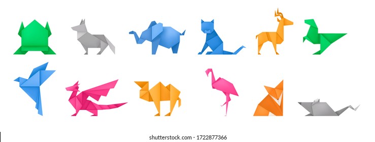 Origami animals different paper toys set frog, bird, camel, mouse, cat, deer, fox, dragon, elephant, dinosaur, flamingo, wolf cartoon geometric game toys japanese paper origami wildlife symbol vector