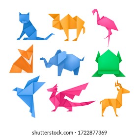 Origami animals different paper toys set frog, bird, camel, mouse, cat, deer, fox, dragon, elephant, dinosaur, flamingo, wolf cartoon geometric game toys japanese paper origami wildlife symbol vector