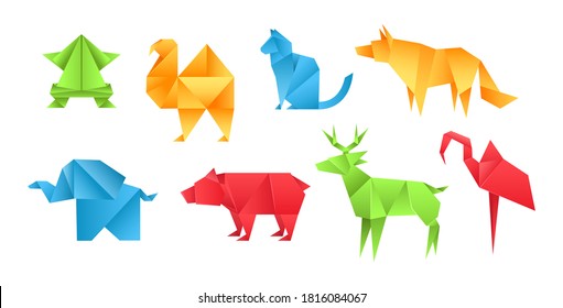 Animales de origen diferentes juguetes de papel conjunto rana, camello, oso, gato, ciervo, elefante, flamingo, caricatura de lobo juegos geométricos juguetes de papel japonés origami símbolo de la vida salvaje vector