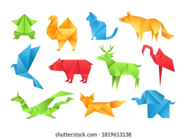 Animales de origen diferentes juguetes de papel conjunto rana, ave, camello, oso, gato, ciervo, zorro, dragón, elefante, dinosaurio, flamingo, lobo caricatura juegos geométricos juguetes de papel japonés origami símbolo de vida salvaje vector