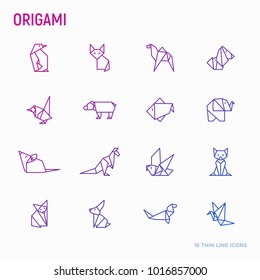 Origami, animals folded from paper thin line icons: penguin, camel, fox, bear, fish, mouse, bird, elephant, kangaroo, hare, seal, raccoon. Modern vector illustration.